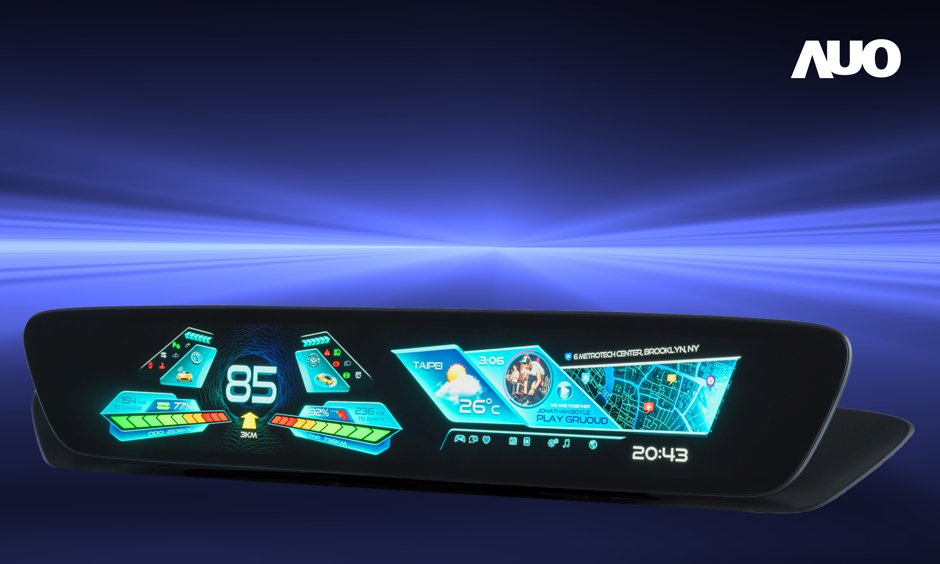 友達30.4吋異形曲面AmLED車載顯示系統，為一兼具儀表板及中控台人機介面的創新車載顯示系統，結合美學設計，提升車內科技沉浸感及使用體驗，讓車載顯示的未來應用更加多元化