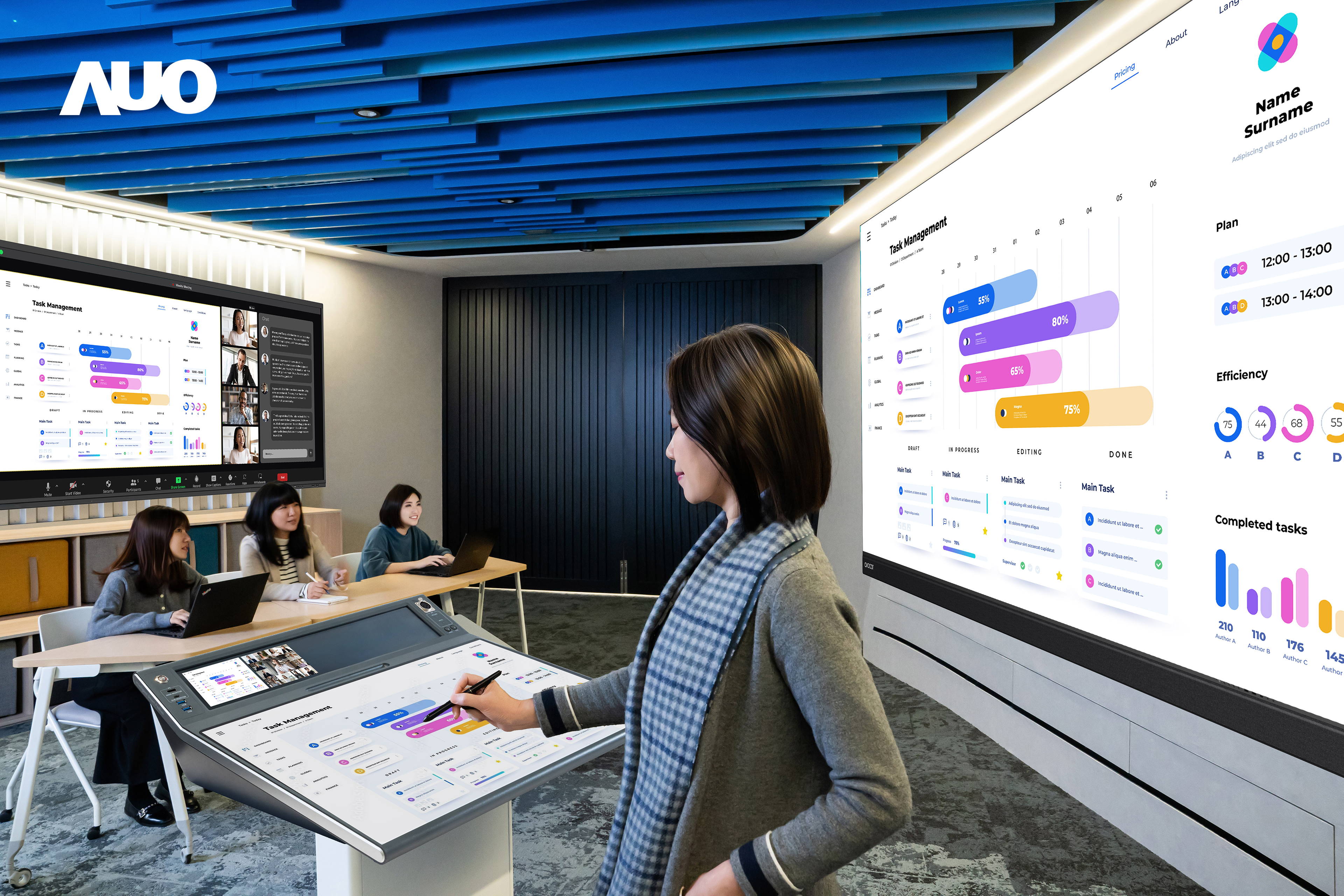 達擎攜手Avocor與Rise Vision展示全方位商務領域應用，包含採用模組化設計的138吋一體式All-in-One LED顯示器及具21:9超寬比例的92吋互動式電子白板（IFPD），講者可輕鬆分享內容，有效提升會議協作效率。